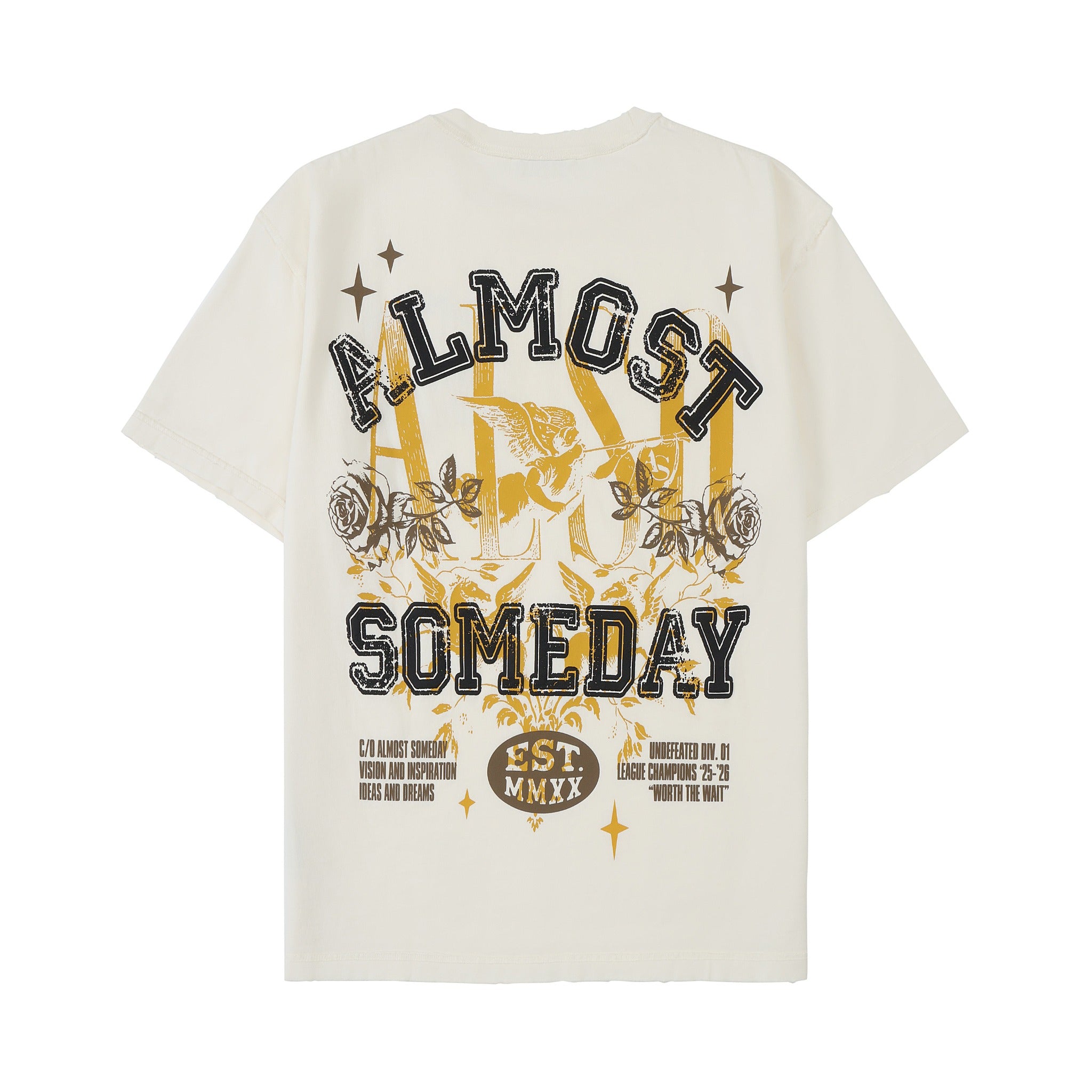 League Tee – Cream – Back flat lay showing oversized lettering, cherub, and rose graphic