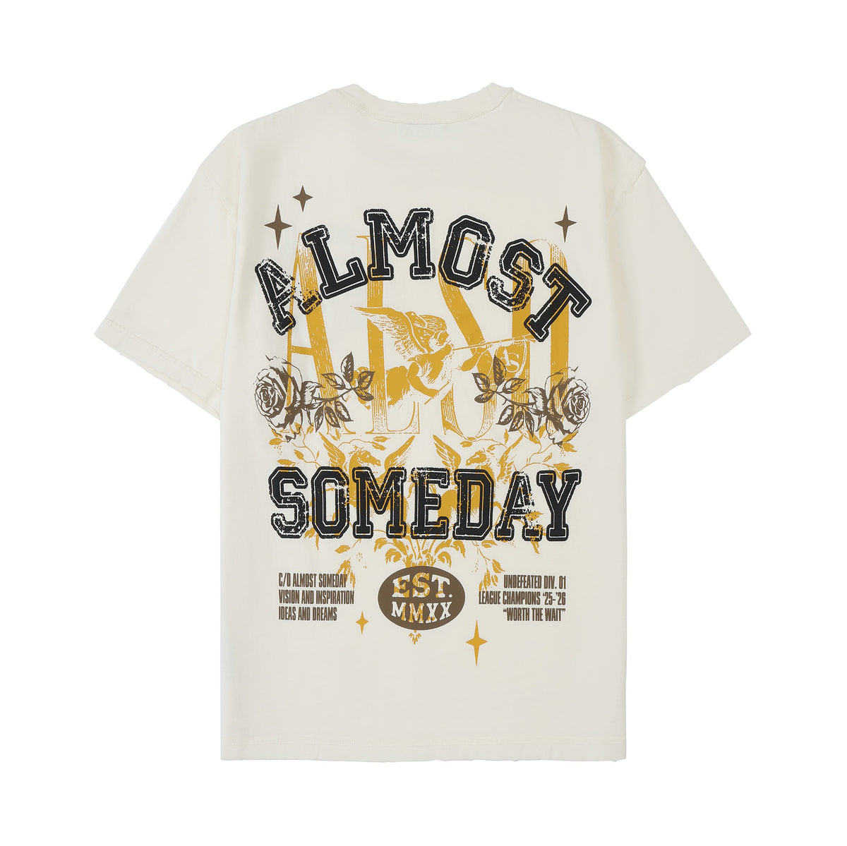 League Tee – Cream – Back flat lay showing oversized lettering, cherub, and rose graphic