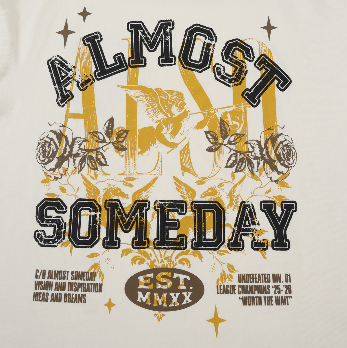 League Tee – Cream – Close-up of back graphic with lettering, cherub, roses, and stars