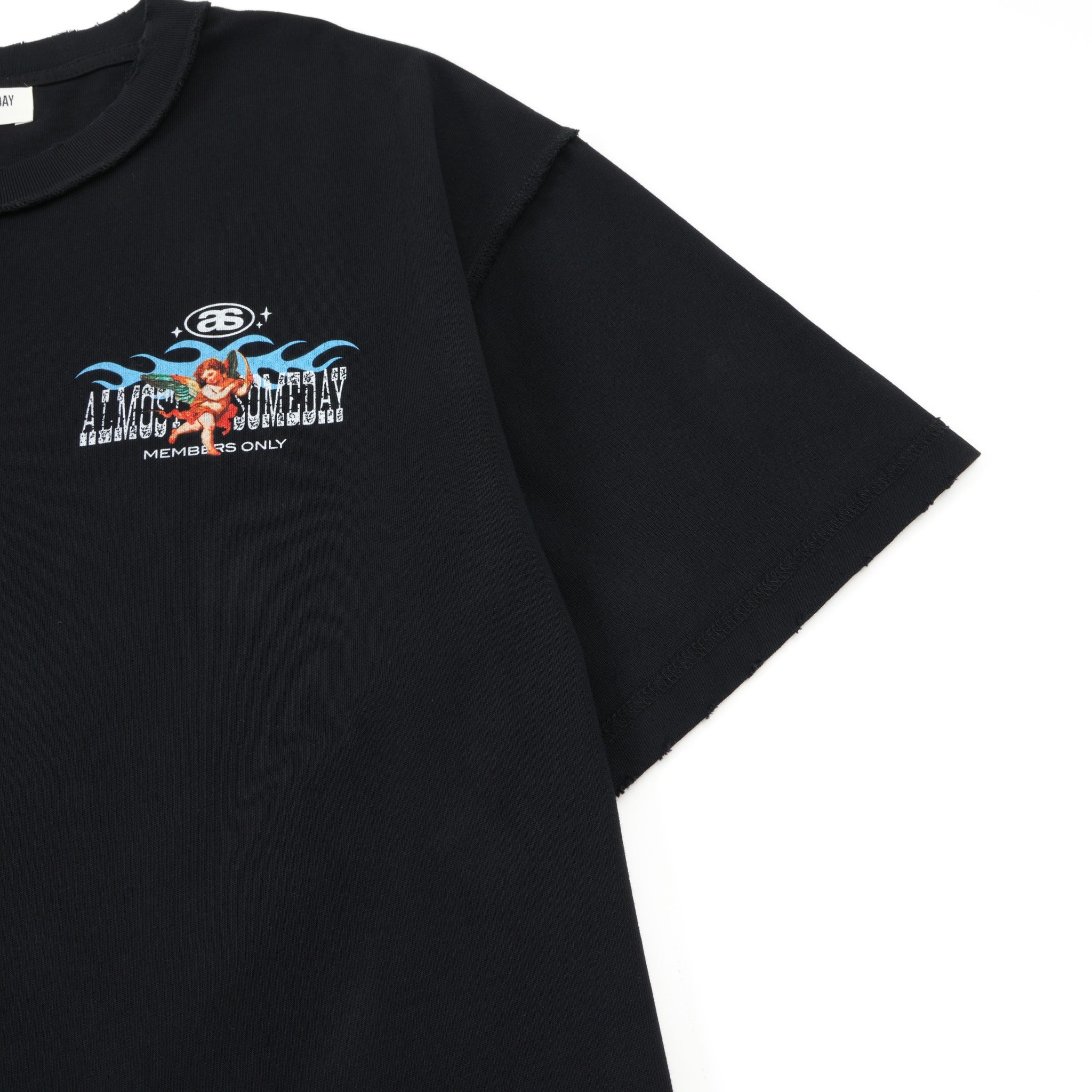 Members Tee – Black – Angled front detail showing chest artwork and short sleeve