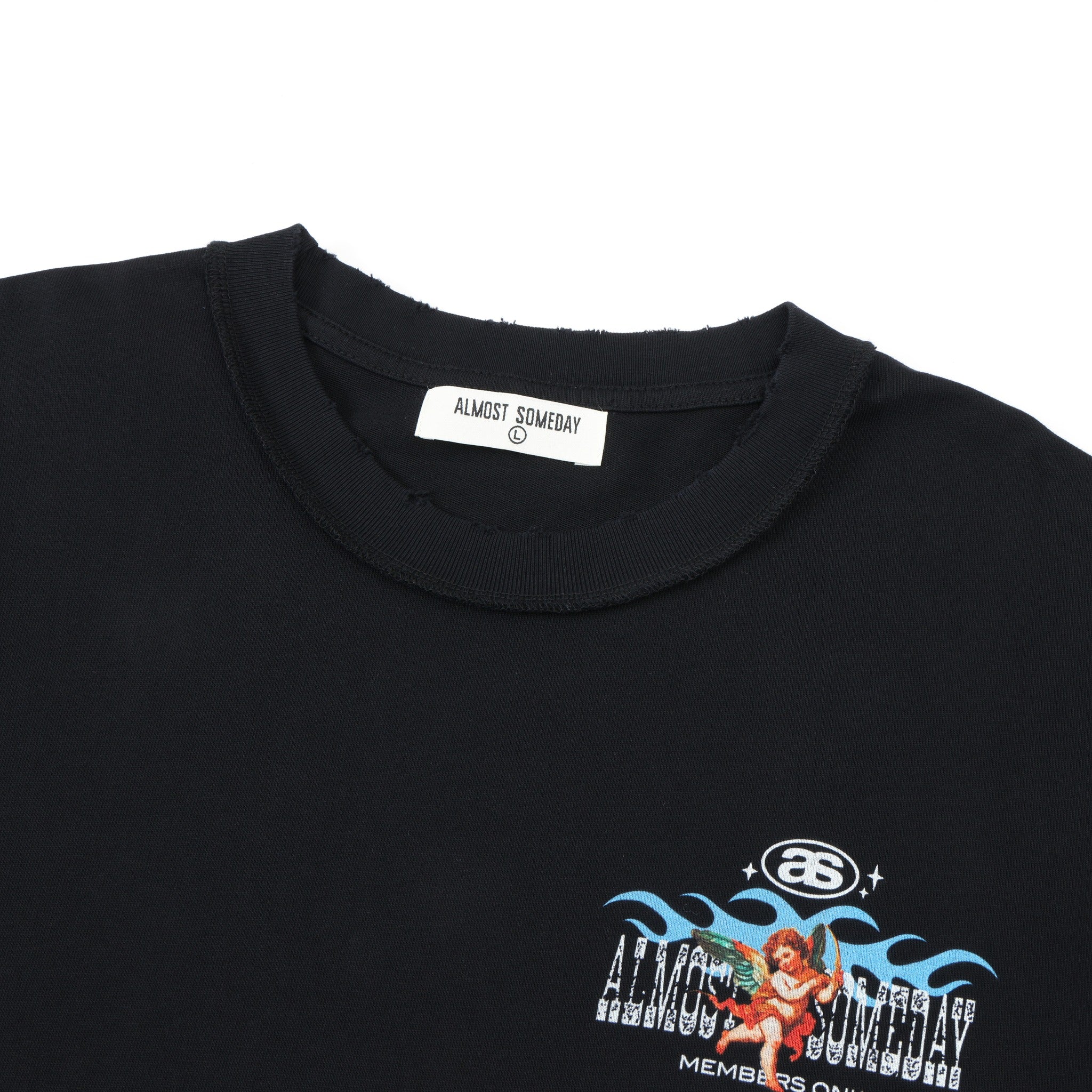 Members Tee – Black – Close-up of distressed crew neckline and interior brand label