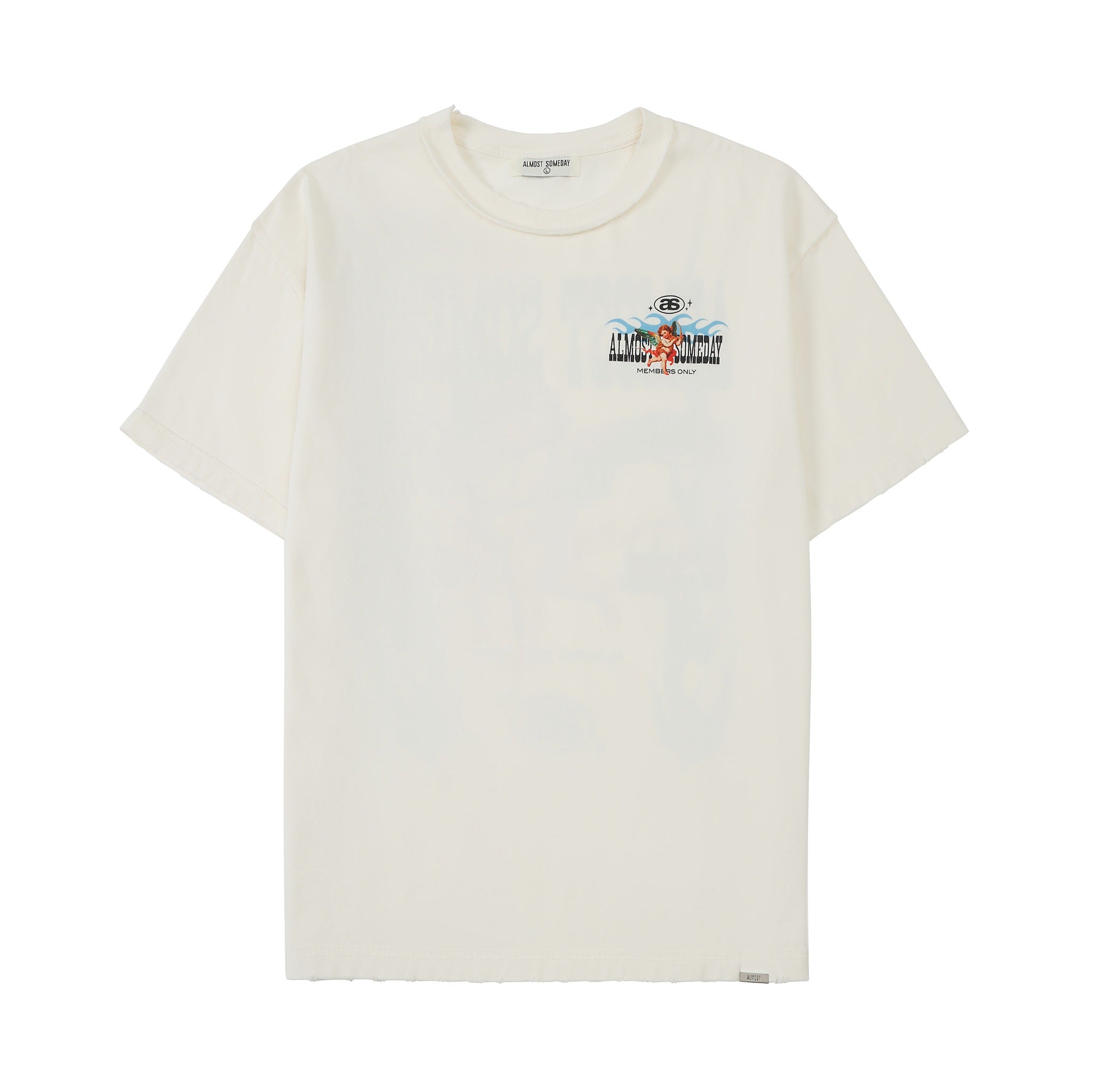 Members Tee – Cream – Front flat lay showing chest graphic, crew neckline, and short sleeves