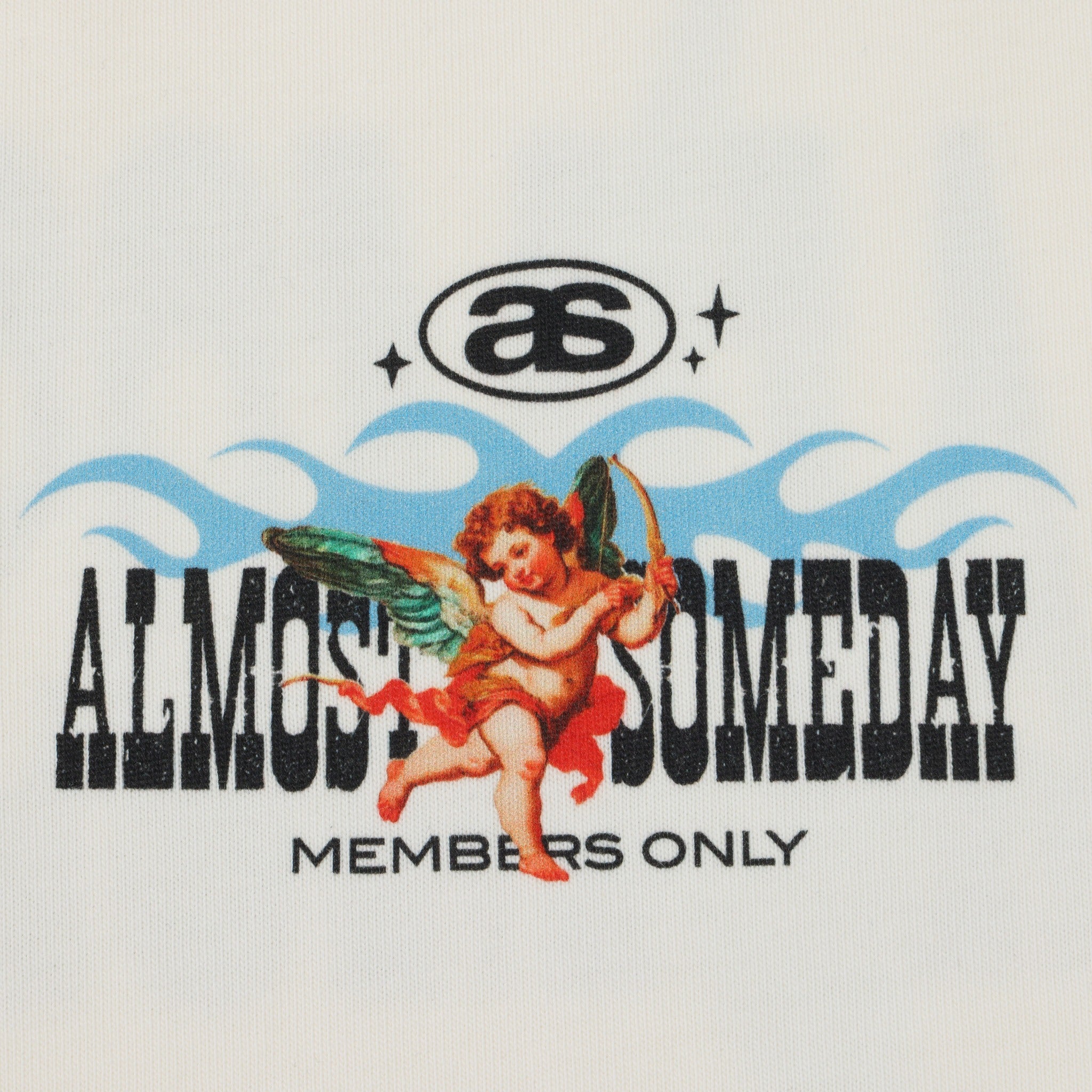 Members Tee – Cream – Close-up of chest cherub artwork, blue flames, and Members Only lettering