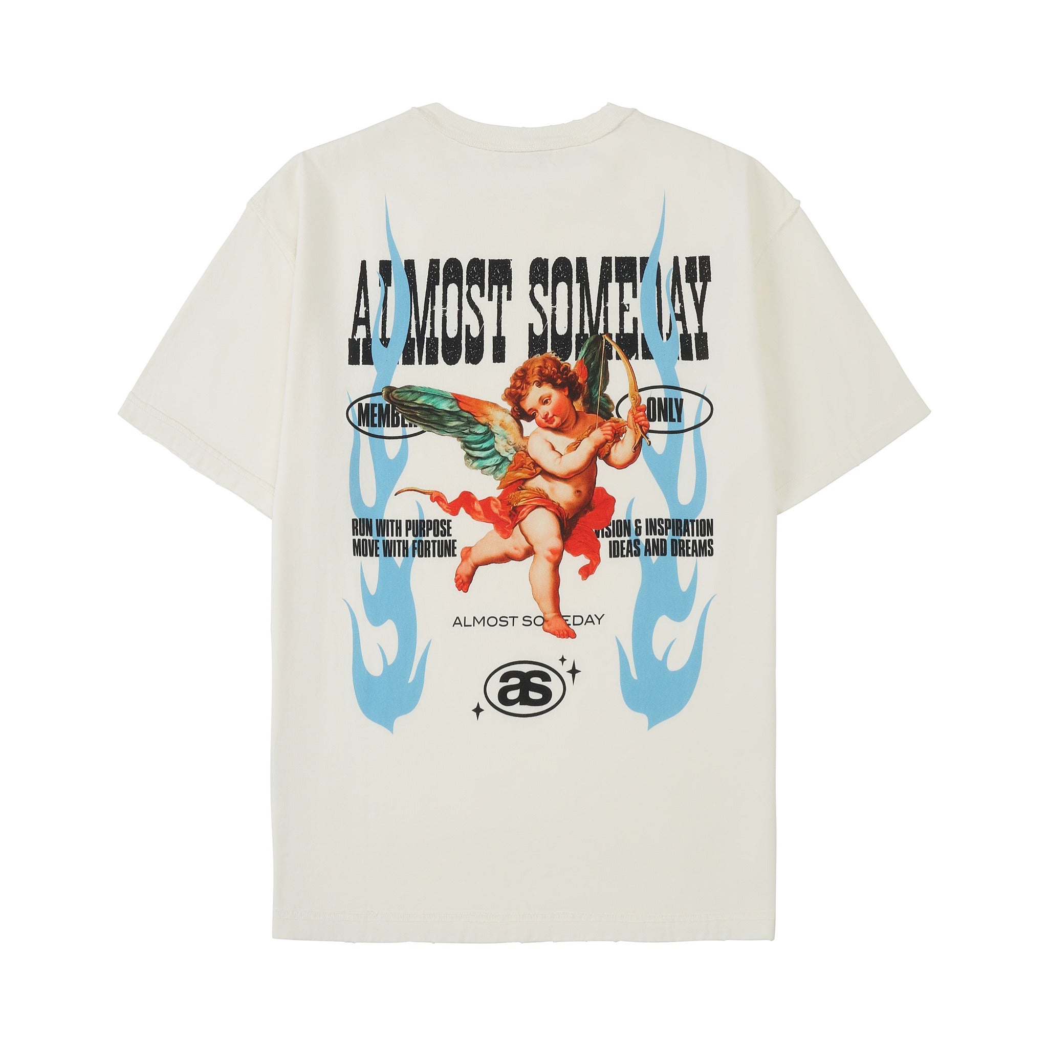 Members Tee – Cream – Back flat lay showing large cherub artwork, blue flames, and Almost Someday lettering