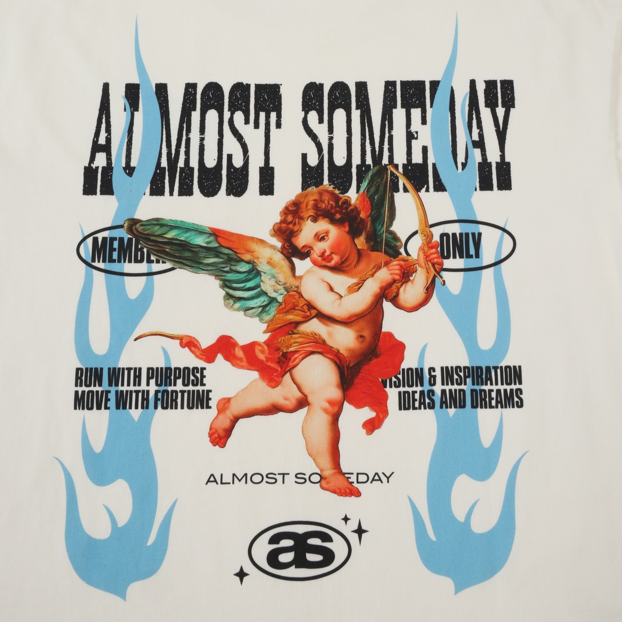 Members Tee – Cream – Close-up of back cherub with bow, blue flames, and Almost Someday lettering