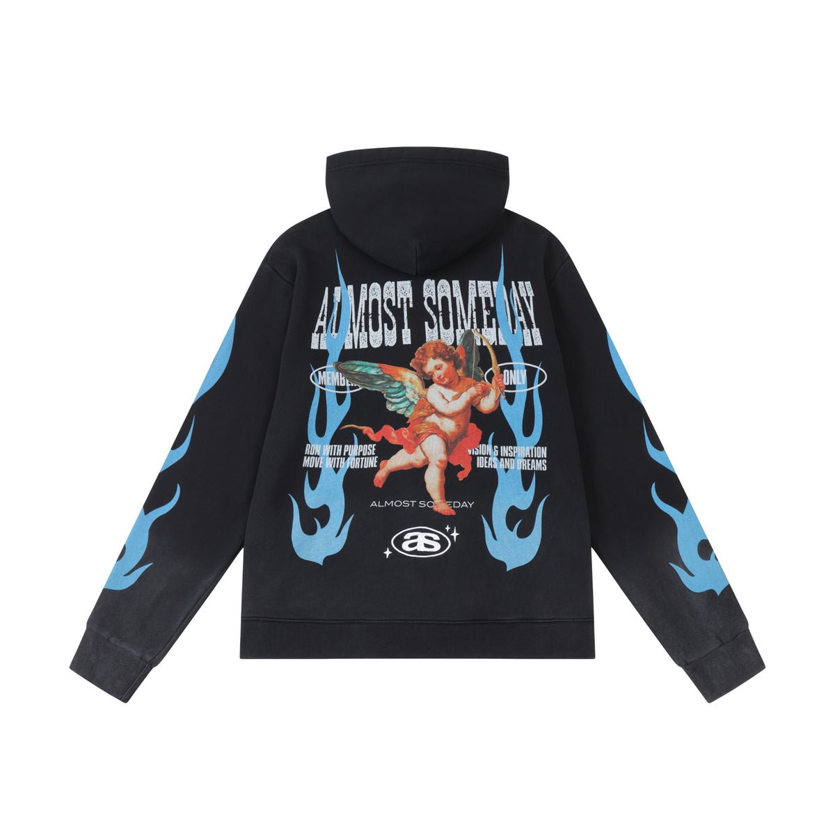 Members Zip Hoodie – Black – Back flat lay showing hood, large cherub artwork, and blue flames