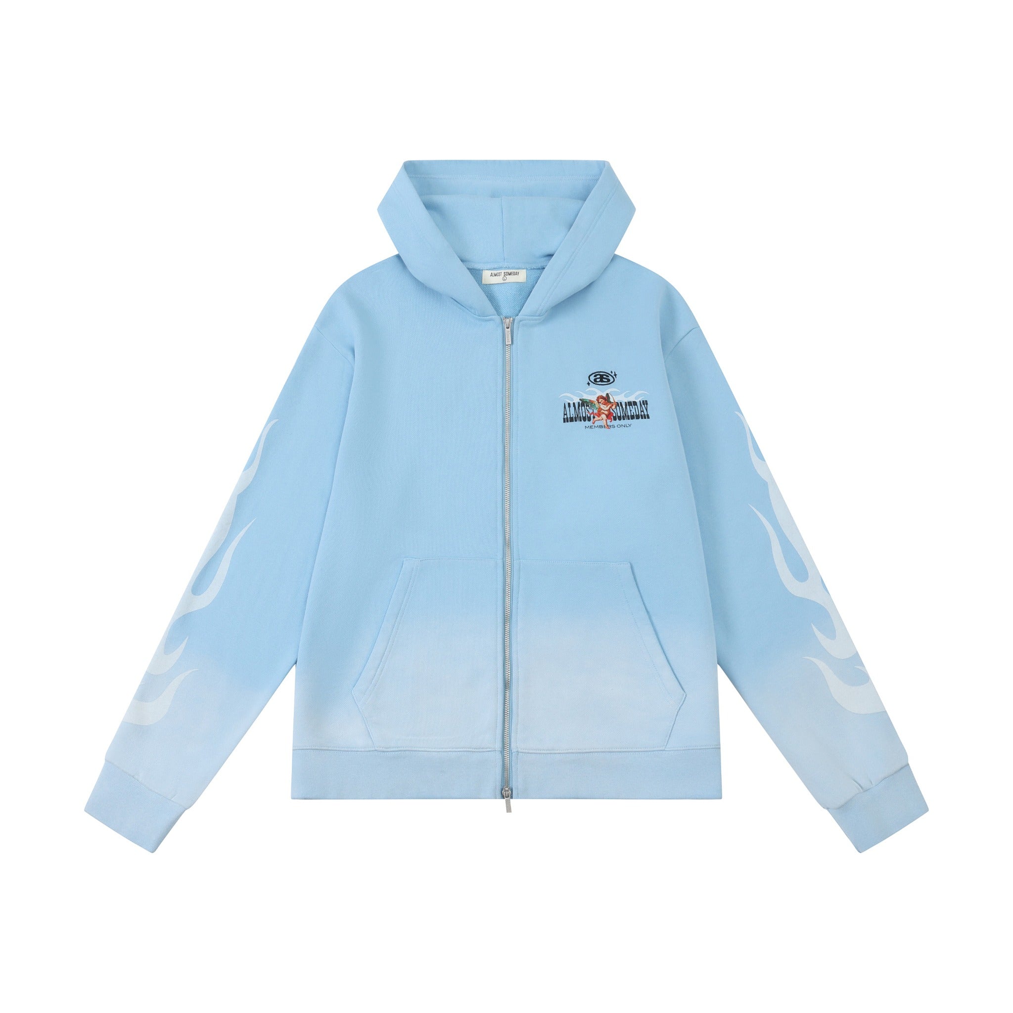 Members Zip Hoodie – Light Blue – Front flat lay showing zip closure, chest artwork, and white sleeve flames