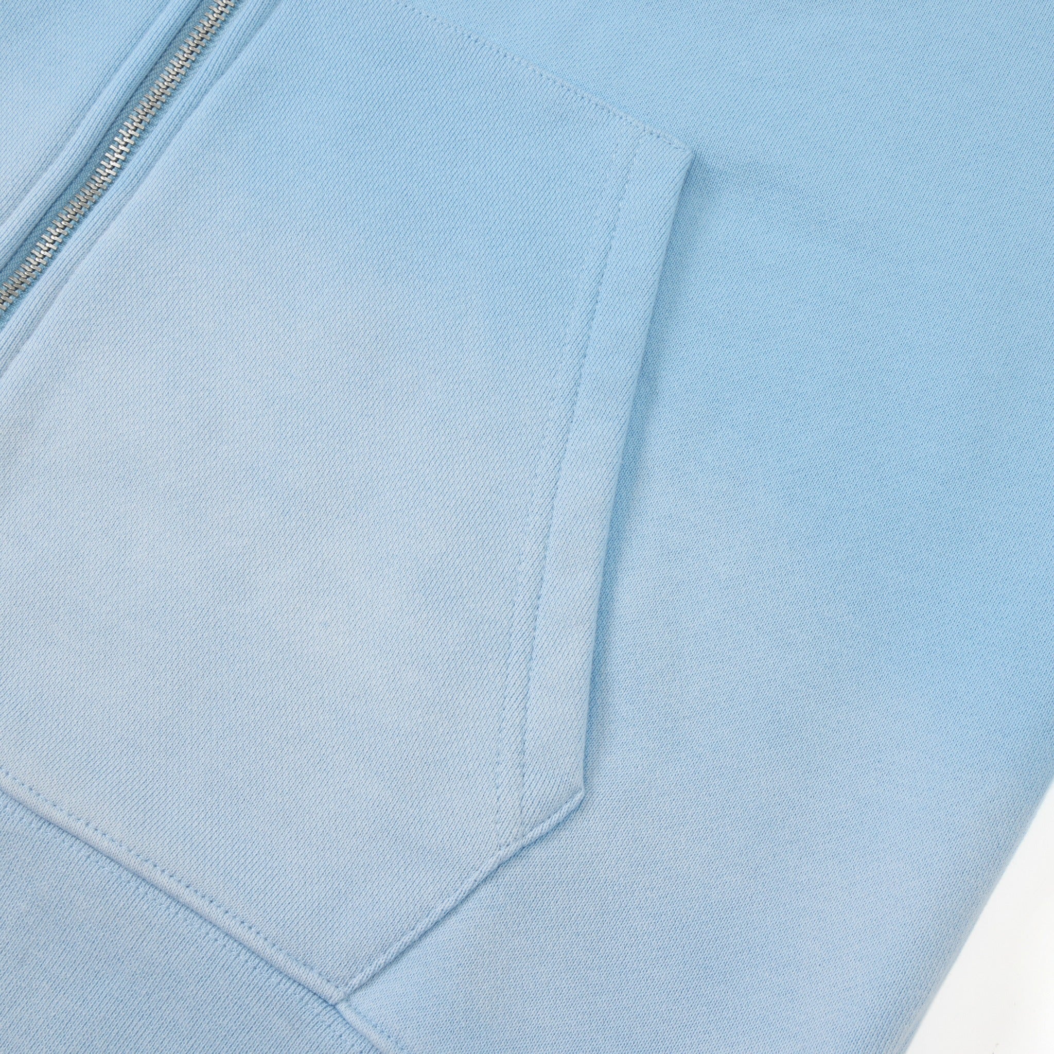 Members Zip Hoodie – Light Blue – Close-up of front pocket and silver zipper teeth