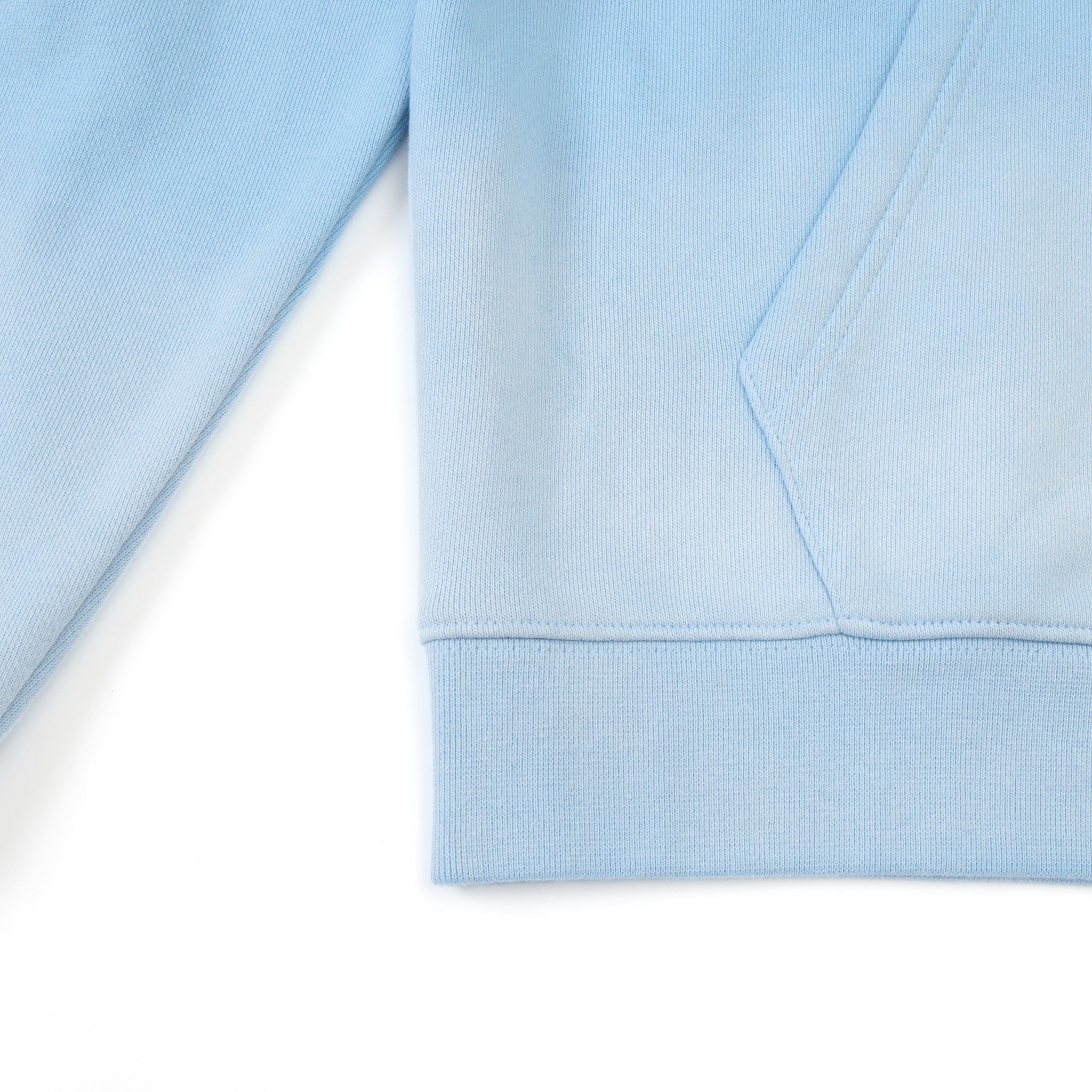 Members Zip Hoodie – Light Blue – Close-up of ribbed bottom hem and front pocket edge