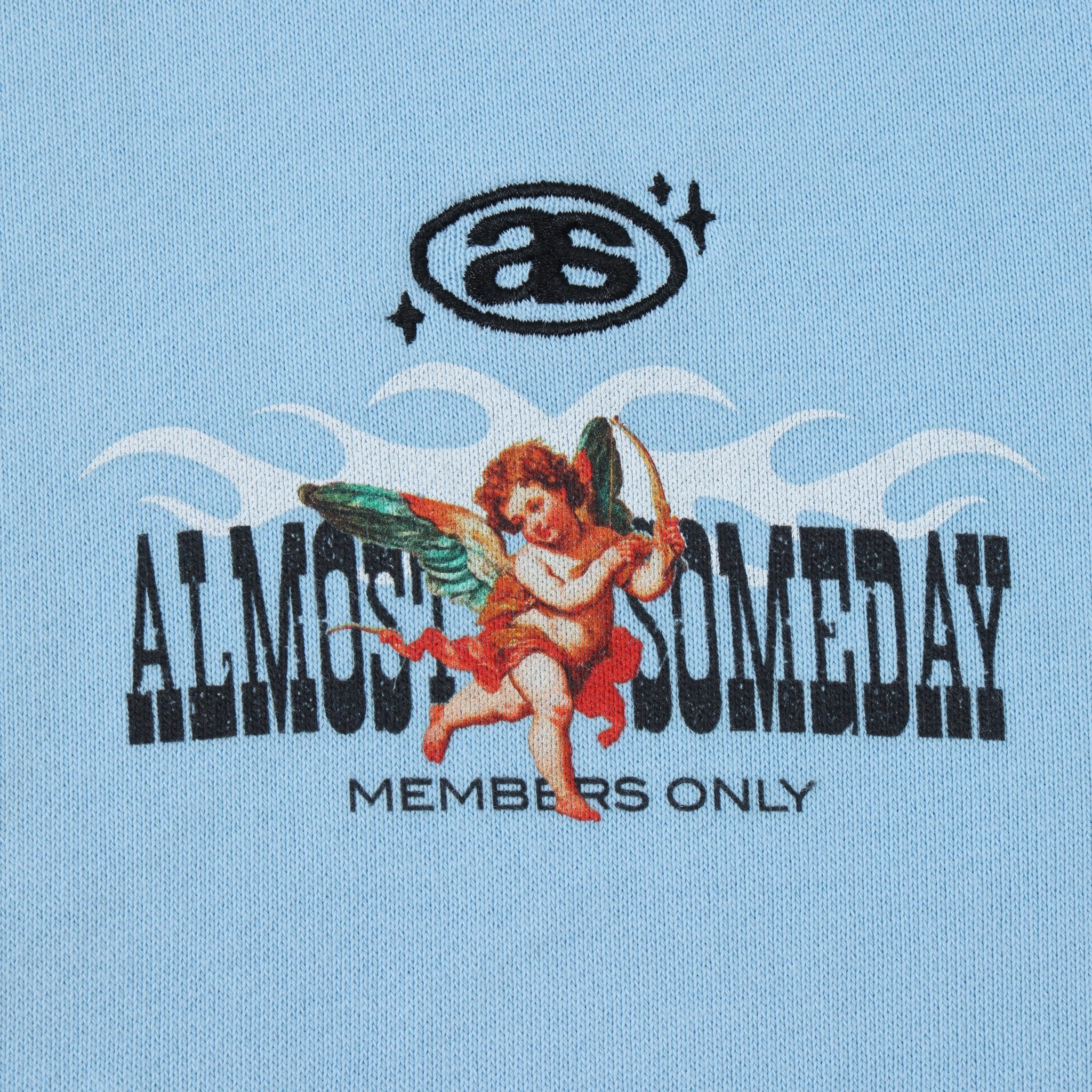 Members Zip Hoodie – Light Blue – Close-up of chest cherub artwork, AS logo, and Members Only lettering