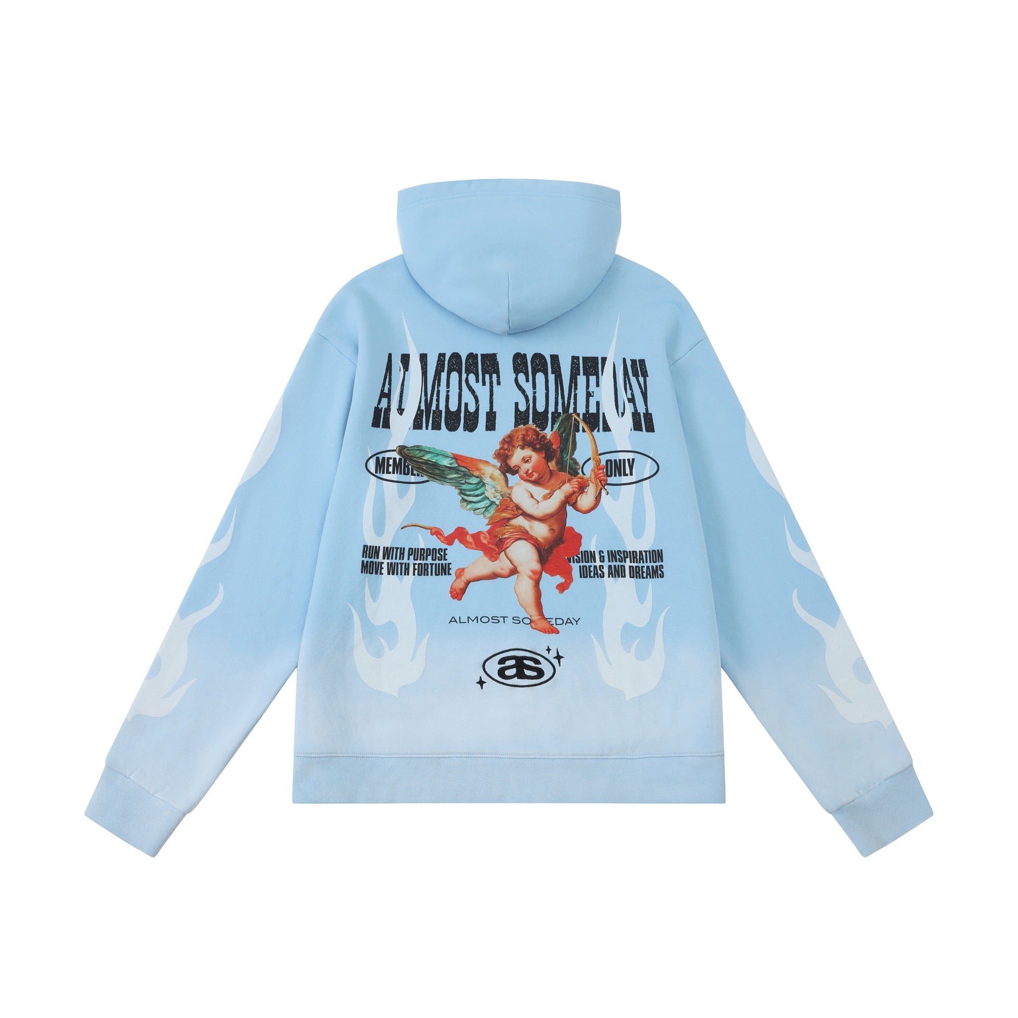 Members Zip Hoodie – Light Blue – Back flat lay showing hood, large cherub artwork, and white flames