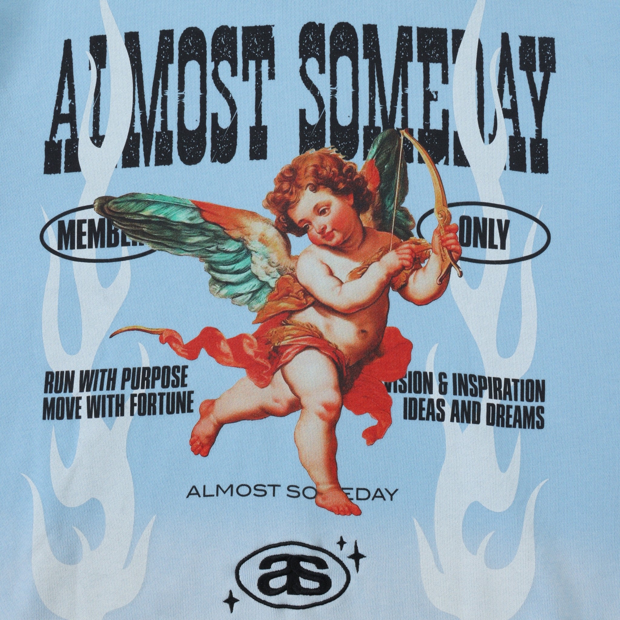 Members Zip Hoodie – Light Blue – Close-up of back cherub with bow, white flames, and Almost Someday lettering