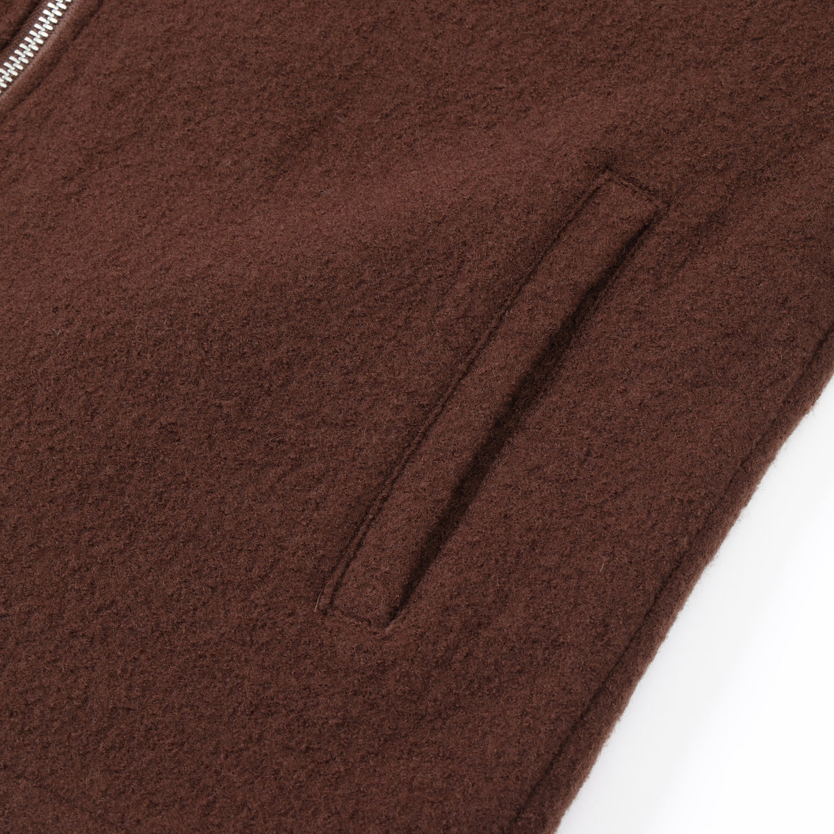 Saint Cropped Wool Jacket – Brown – Close-up of front welt pocket and textured brown fabric
