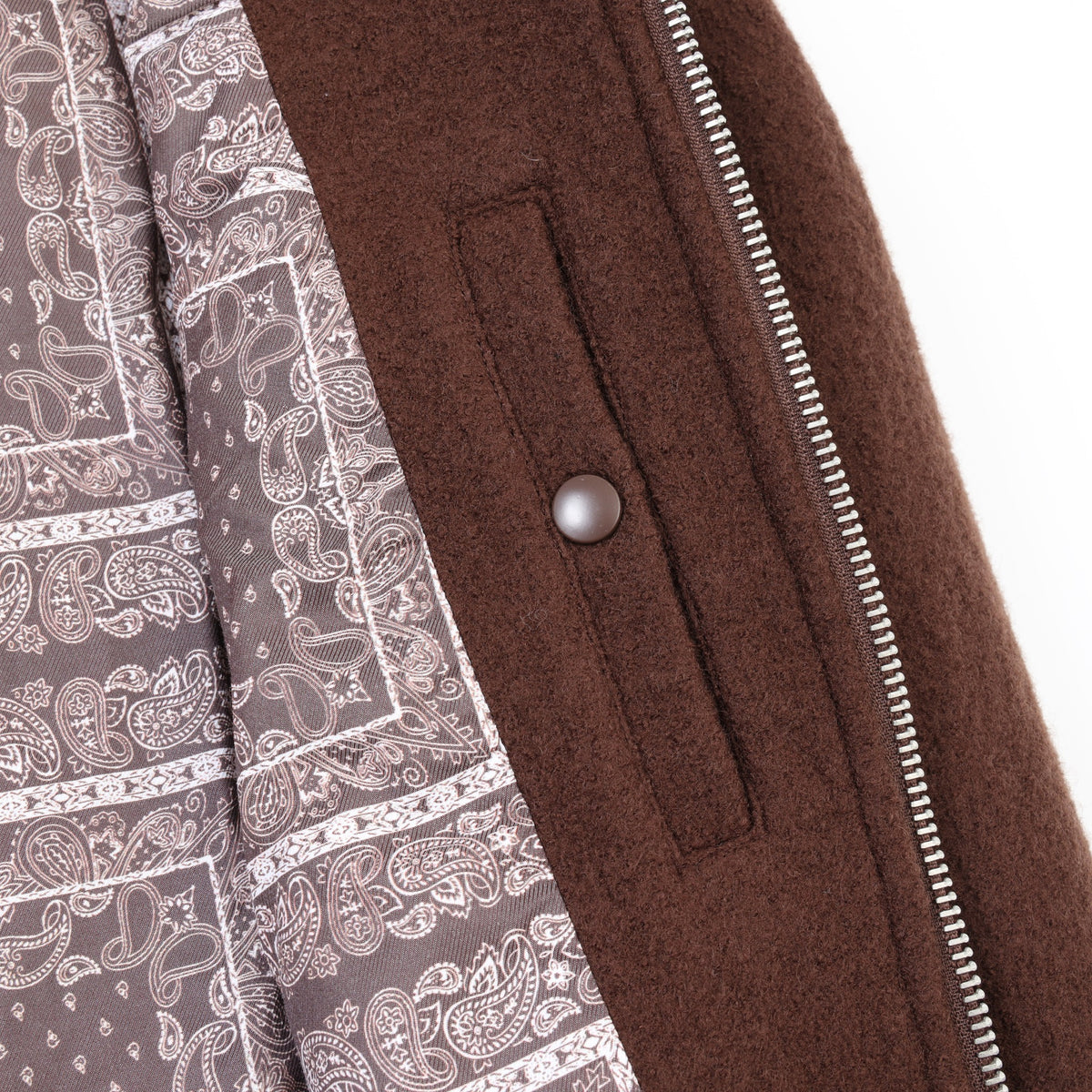 Saint Cropped Wool Jacket – Brown – Close-up of interior snap pocket, paisley lining, and zipper teeth