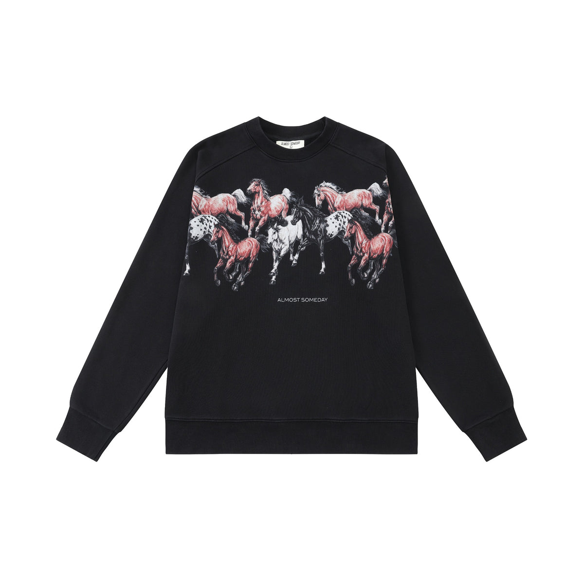 Smoke Crewneck – Black – Front flat lay showing running horse graphic and long sleeves