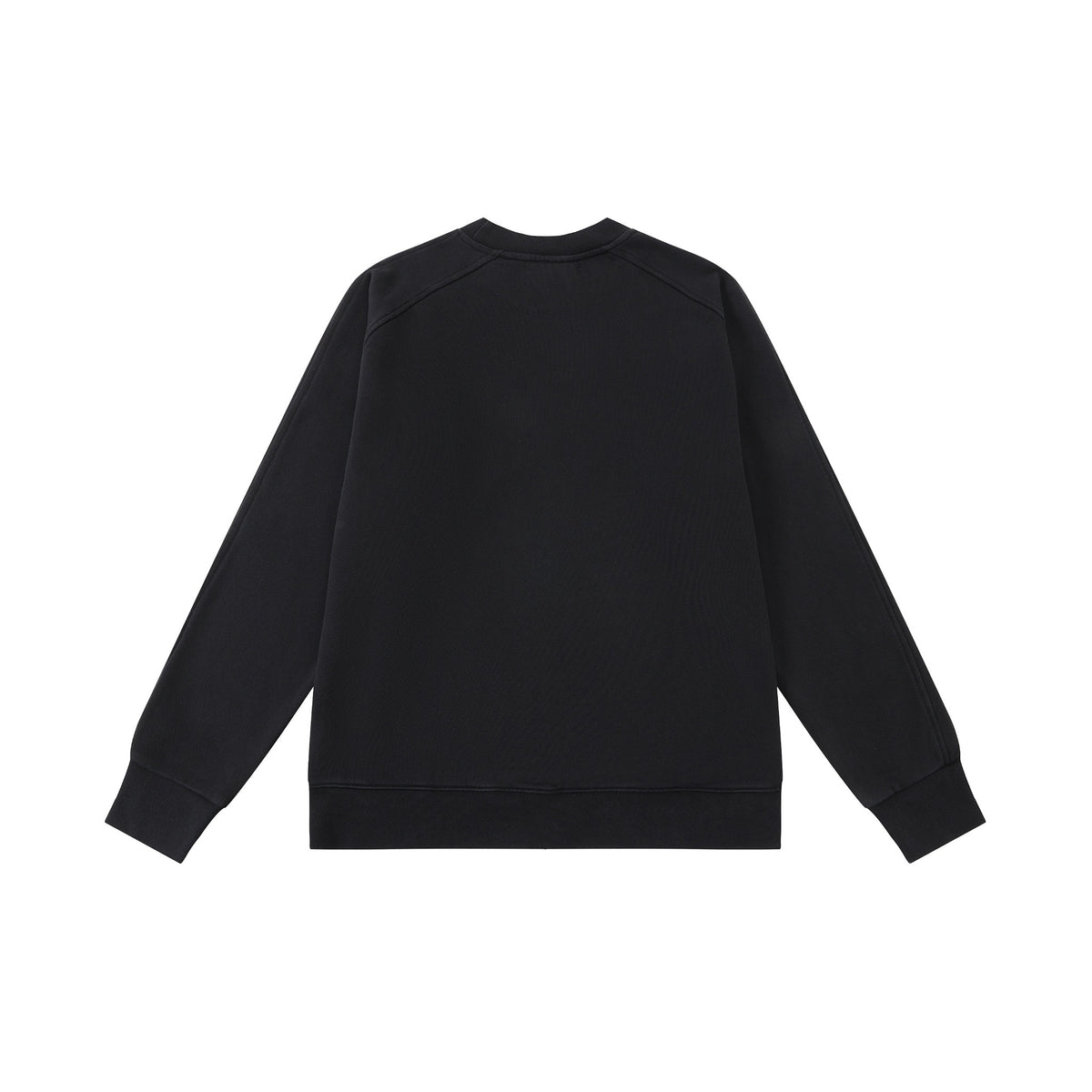 Smoke Crewneck – Black – Back flat lay showing plain back, long sleeves, and ribbed hem