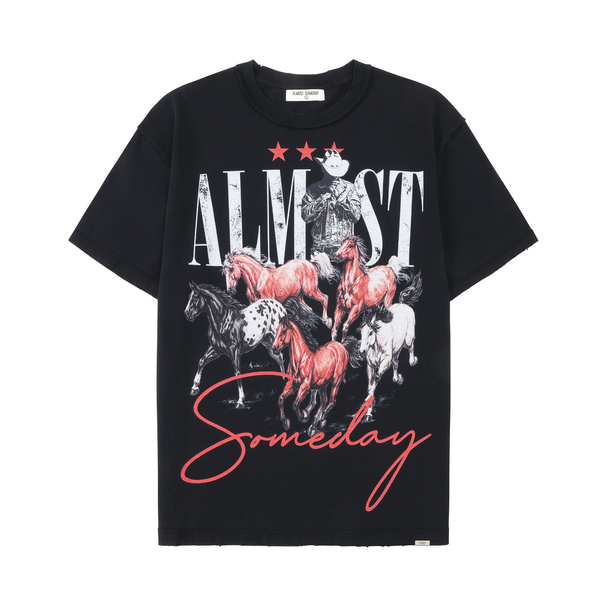 Smoke Tee – Black – Front flat lay showing crew neck and cowboy and horses graphic with red stars and Someday script