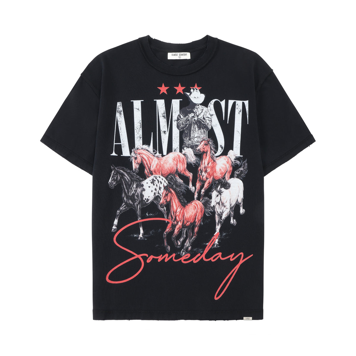 Smoke Tee – Black – Front flat lay showing crew neck and cowboy and horses graphic with red stars and Someday script