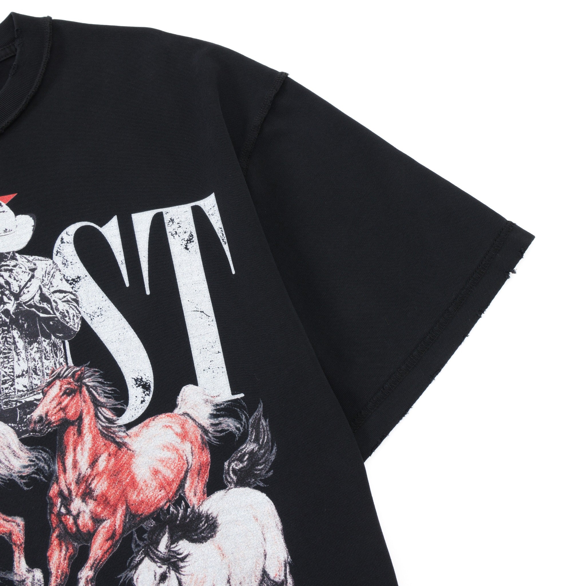 Smoke Tee – Black – Close-up of short sleeve edge, shoulder seam, and partial horse artwork
