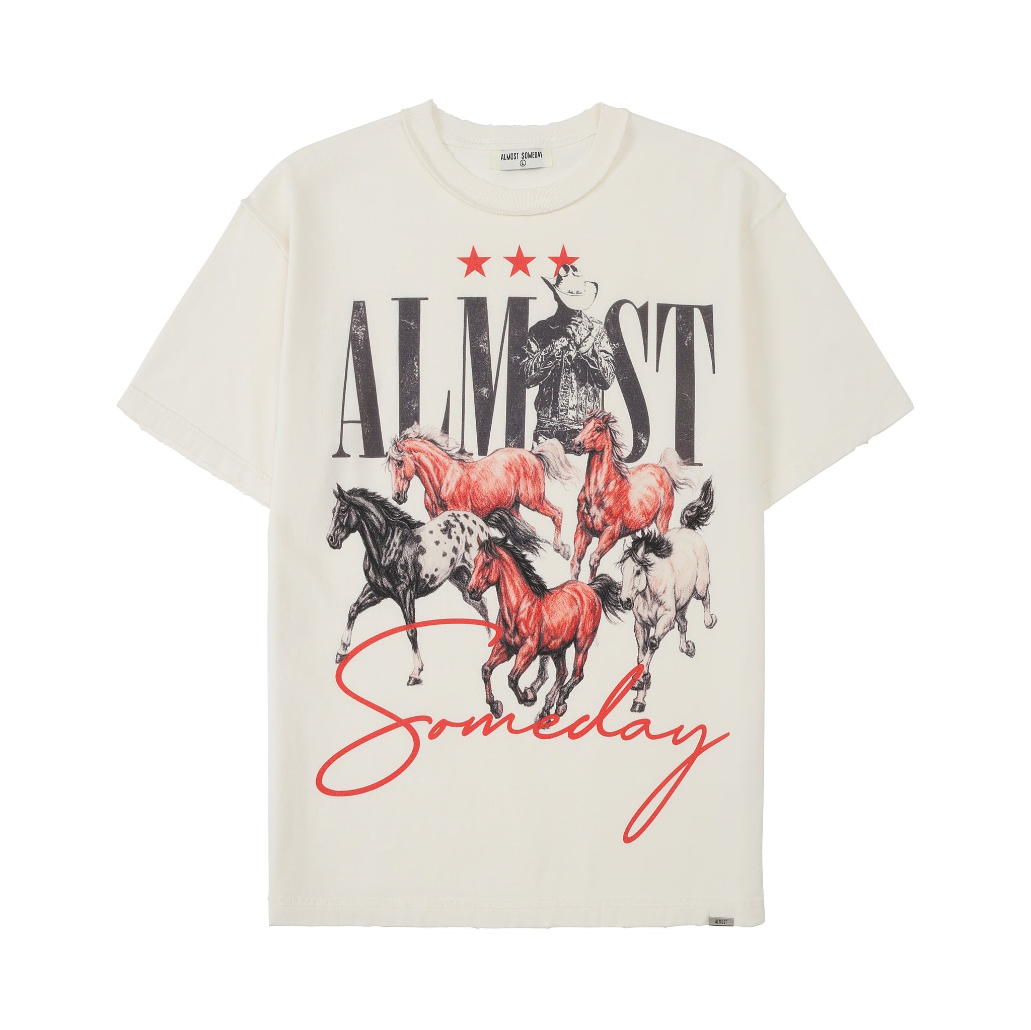 Smoke Tee – Cream – Front flat lay showing crew neck and cowboy and horses graphic with red stars and Someday script