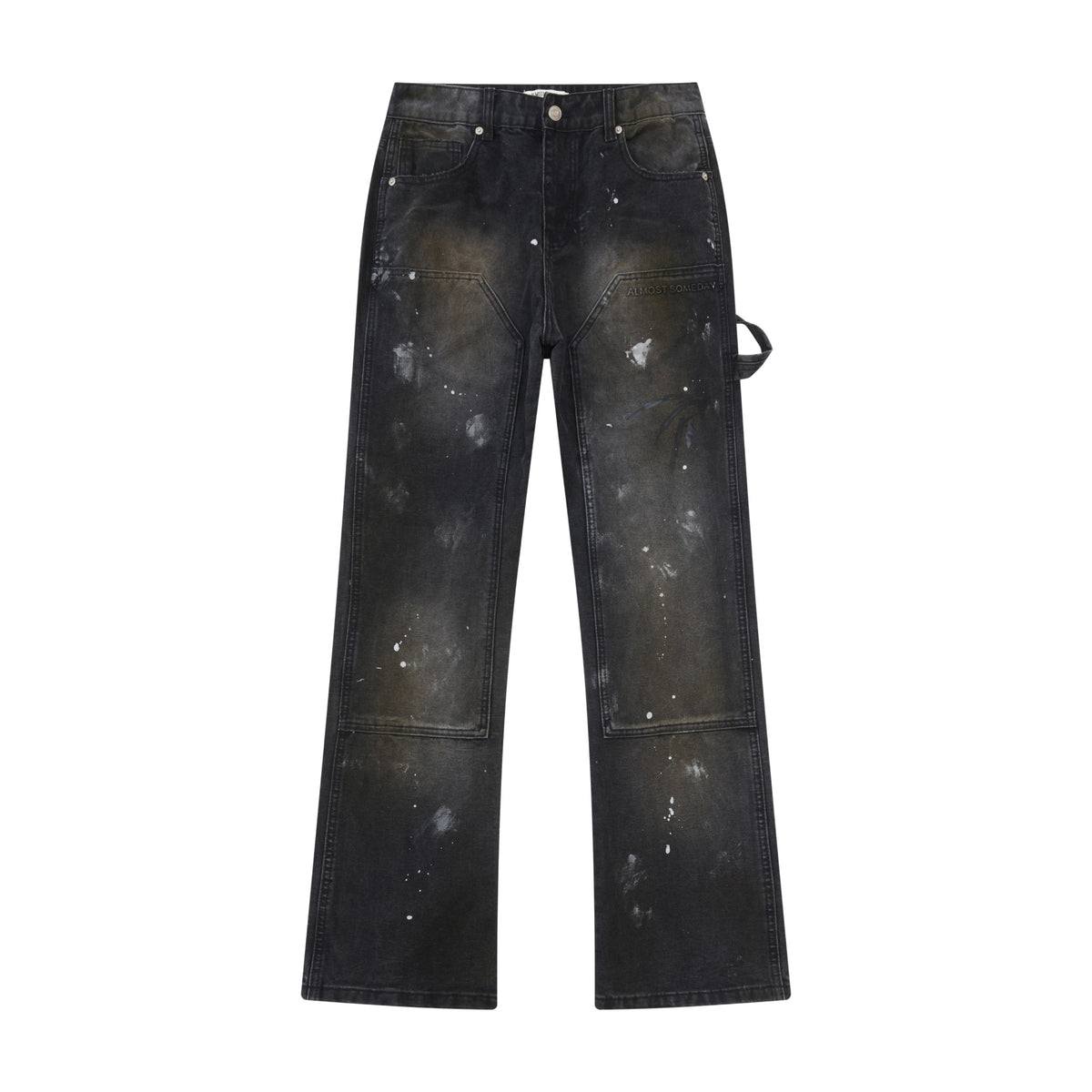 Spade Pants – Black – Front flat lay showing button waistband, front pockets, paneled legs, utility loop, and paint splatters