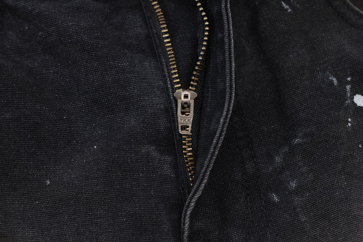 Spade Pants – Black – Close-up of open YKK zipper fly and paint-splattered black fabric